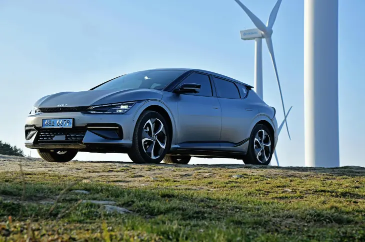 voiture électrique kia ev9 bleue garée devant éolienne